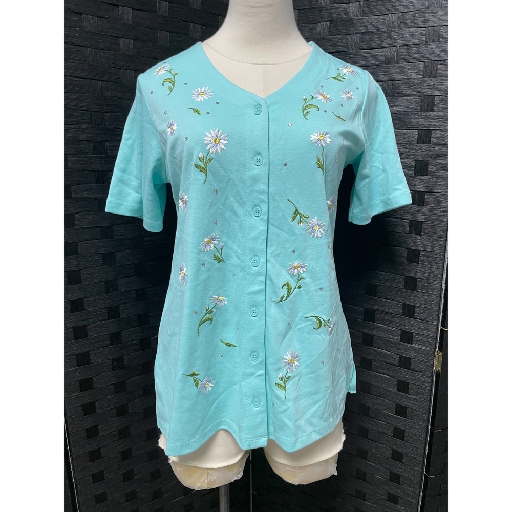NWT Quacker Factory XS Button Up Aqua Blue Daisy Floral Embroidered Rhinestone